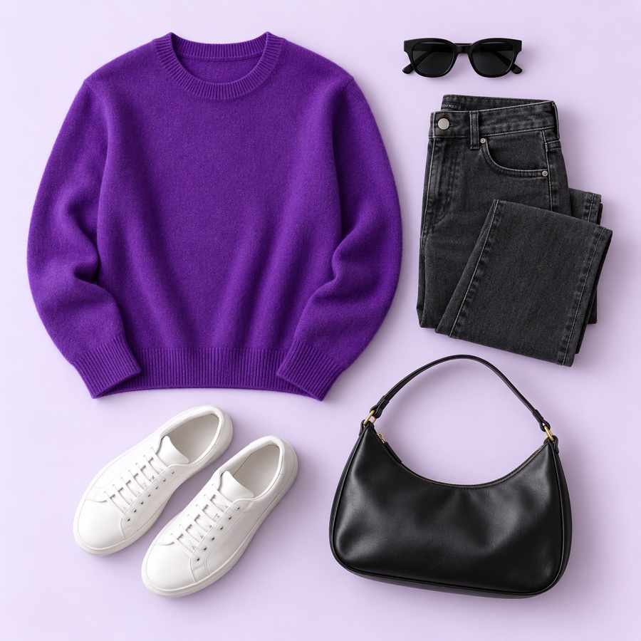 Purple sweater, jeans, sneakers, bag, and sunglasses arranged as a capsule wardrobe